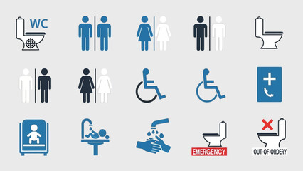 Collection of restroom and toilet signs and symbols.