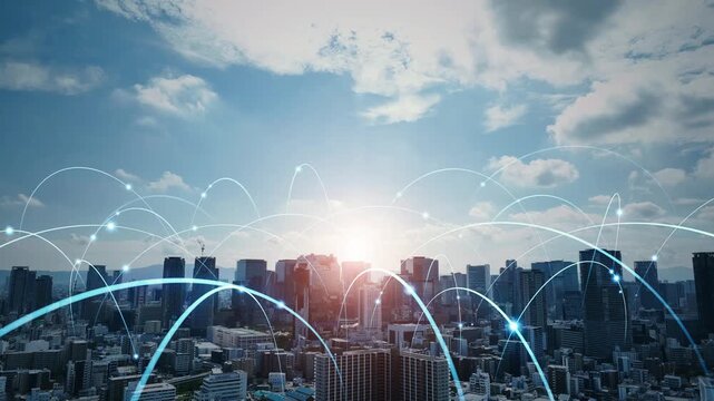 Drone aerial view of modern city and communication network concept