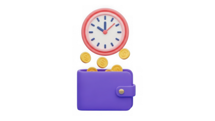 Purple wallet with coins and clock above it isolated on a transparent background time money