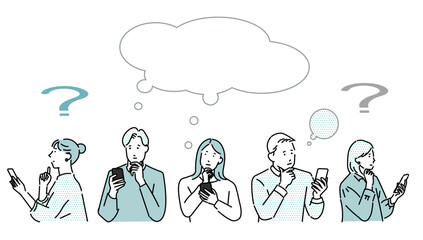 男女ー複数ー疑問ー上半身ー困ったアイコンーiPhoneを持つ男女シンプルベクターイラスト素材