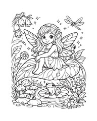 Garden Fairy Sitting on Leaf Coloring Page, Nature Fantasy Line Art