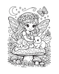 Fairy with Bunny Friend Coloring Page, Cute Fantasy Illustration