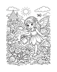 Fairy Watering Flowers Coloring Page, Garden Fantasy Line Drawing