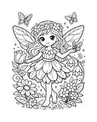 Flower Fairy with Petal Dress Coloring Page, Floral Fairytale Line Art