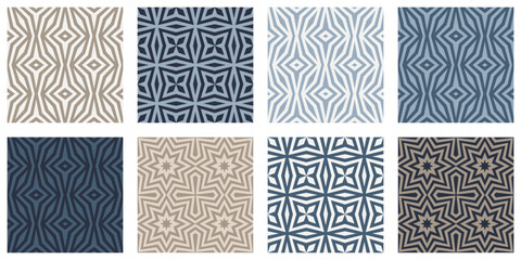 Blue Beige Geometric Seamless Pattern, set of 8 neutral color tones vector swatches, perfect for home decor projects,, textile and wallpapers