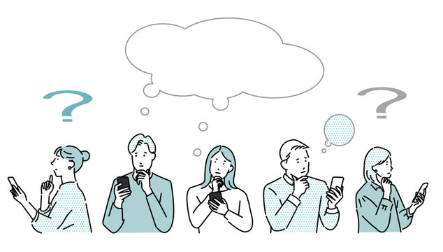 男女ー複数ー疑問ー上半身ー困ったアイコンーiPhoneを持つ男女シンプルベクターイラスト素材