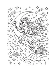 Moon Fairy Flying at Night Coloring Page, Starry Fantasy Line Art