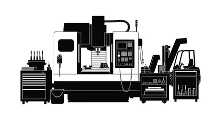 Detailed depiction of an industrial milling machine presented in a striking black and white silhouette showcasing precision engineering and automation © rabbivay