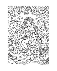 Forest Fairy with Tree Background Coloring Page, Nature Line Art