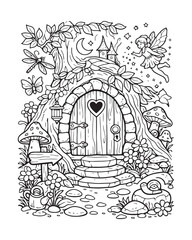 Fairy Door Scene Coloring Page, Enchanted Fairytale Line Art