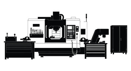A detailed depiction of industrial machinery including a milling machine work table and storage cabinet presented as a stark silhouette © rabbivay
