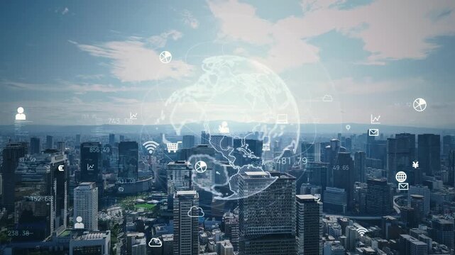 現代都市のドローン空撮とグローバルネットワークのコンセプト
