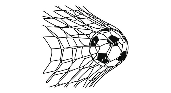 a detailed illustration depicts a soccer ball impacting a net resulting in a dynamic image with a striking silhouette high quality