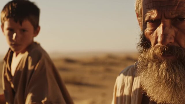Patriarch man and boy in desert. Abraham and Isaac biblical scene. Desert journey with walking stick and son.