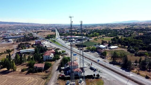 Telecommunication Tower and Mobile Network Infrastructure Over Urban and Residential Areas