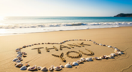 Beach Gratitude: A heartfelt message of THANK YOU is beautifully inscribed in the sands of a pristine beach, framed by a heart of seashells, under a bright sunny sky, conveying sincere appreciation.