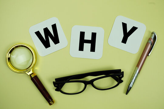WHY alphabet letters with magnifying glass, eye glasses and pen on yellow background