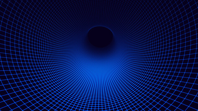 Blue Digital Tunnel or Wormhole Wireframe. Abstract Mesh with Hole. 3D Tunnel Grid Mesh inside Tube. Blue Hi Tech Texture. Technology or Science Vector Illustration.