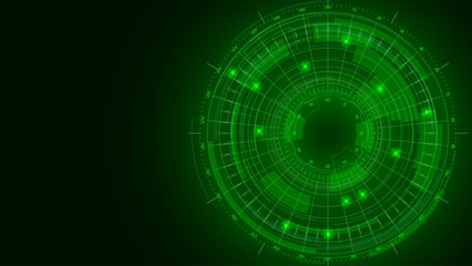 Fototapeta premium Futuristic Green Radar Interface With Glowing Circular HUD Elements And Scanning Grid On Dark Tech Background, Digital Surveillance And Security Concept Design, Vector Illustration