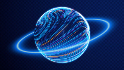 Abstract Neon Planet With Glowing Energy Lines And Orbit Ring On Dark Tech Background. 3D Globe Sci-Fi Digital Sphere. Innovation, Data and Space Concept. Vector Illustration. © ec0de