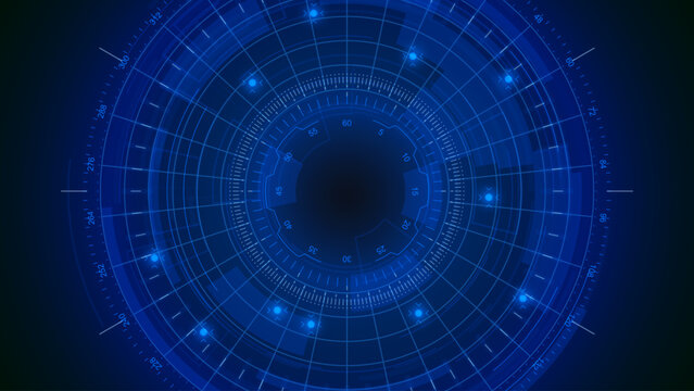 Futuristic Blue Radar Interface With Glowing Circular HUD Elements And Scanning Grid On Dark Tech Background, Digital Surveillance And Security Concept Design, Vector Illustration
