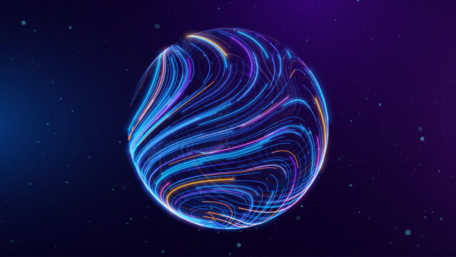 Tech Neon Lines Energy Orb. 3D Sphere Science Globe With Abstract Glowing Lines Representing Microbiology, Cell Research, or Nanotechnology On Dark Blue Background. Vector Illustration.