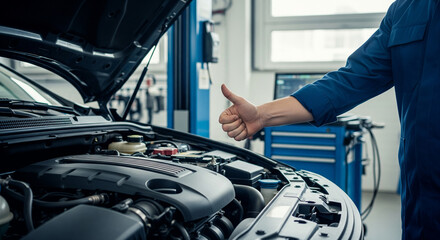 The Mechanic's Approval: A mechanic's thumb up symbolizes automotive servicing and satisfaction, with the car's engine exposed, showcasing precision and mechanical expertise.