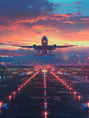 Under the background of digital dots and lines, the aircraft is preparing to take off on the runway