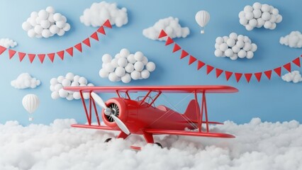 Red airplane illustration flying among clouds with party bunting