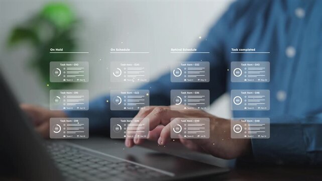 Businessman using laptop with digital task management dashboard overlay. Showing project status, task items, progress tracking, and schedule updates for team collaboration and business efficiency.