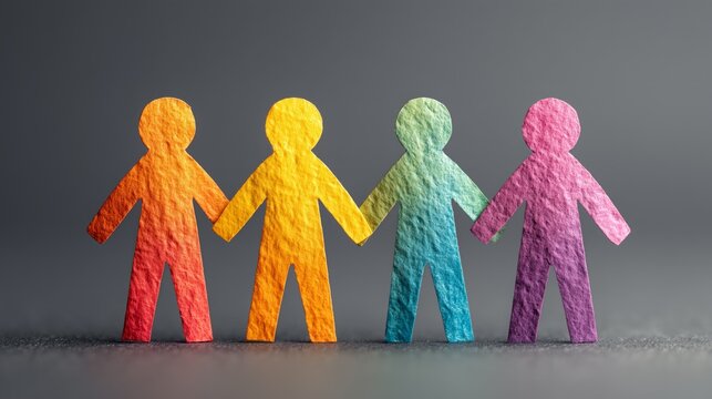 Colorful paper cutouts representing diverse people standing together, holding hands in unity and collaboration - Powered by Adobe