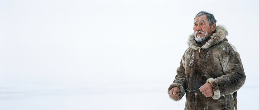 Authentic portrait of an elderly Greenlandic Inuit hunter wearing traditional fur clothing, checking his fishing line in a snowy whiteout Arctic landscape with frost on his face.