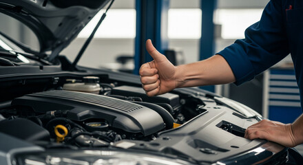 Car Inspection & Thumbs Up: A mechanic gives a thumbs up next to an open car hood, in the professional automotive repair workshop. 