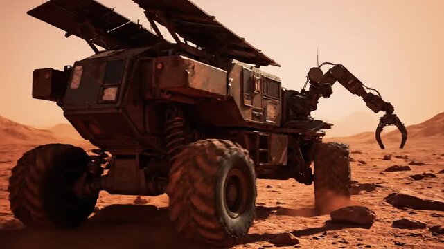 A futuristic Mars rover utilizing artificial intelligence navigates through rocky terrain, capturing detailed landscape images from a low-angle viewpoint.