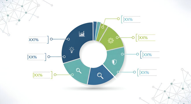A colorful donut chart with segments representing data and percentages illustrating business analytics and financial reporting with icons and arrows on a white background
