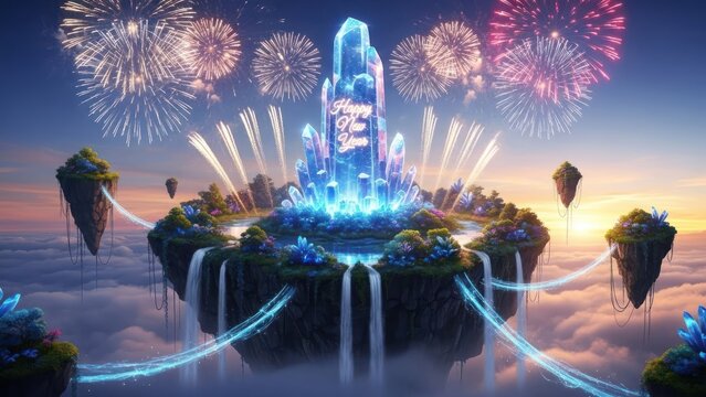 Futuristic cityscape with illuminated skyscrapers and vibrant fireworks display at night. - Powered by Adobe