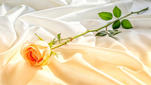 A delicate peach rose with a long stem gently resting on soft, draped fabric