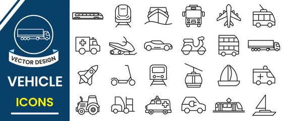 Vehicle and Transport icon set. Travel icons collection such as car, train, electric scooter,  truck, ship, boat, train, subway, motorcycle, motorbike, bus and more. Vector illustration.
