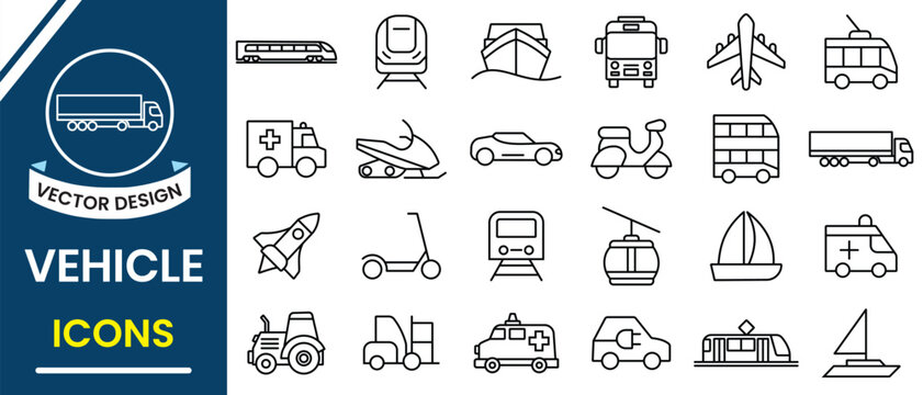 Vehicle and Transport icon set. Travel icons collection such as car, train, electric scooter,  truck, ship, boat, train, subway, motorcycle, motorbike, bus and more. Vector illustration.