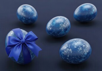 Easter Eggs Blue Decorative with Ribbon on Dark Blue Background