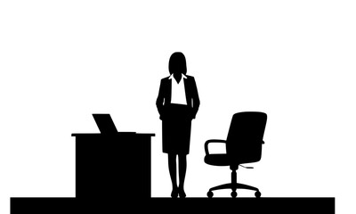 Fototapeta premium Businesswoman at Desk Silhouette, Professional Woman Executive Standing with Laptop, Corporate Office Lady Vector Illustration