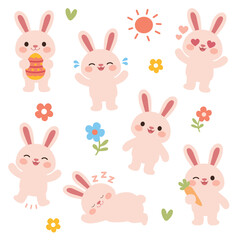 Fototapeta premium Sweet Easter bunny emotions set flat vector illustration Cute baby bunny characters spring Easter vector Playful Easter bunny poses in colorful flat style