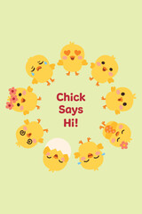 Fototapeta premium Cute chick says hi lettering illustration with emotions baby chick emotions lettering flat vector illustration Adorable baby chick lettering illustration
