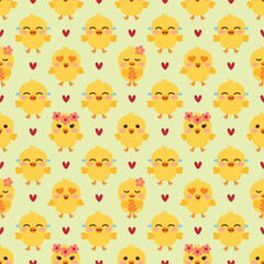 Fototapeta premium Cute Easter chick seamless pattern in flat vector style Adorable baby chicks pattern for Easter spring Cute yellow chick characters seamless vector illustration