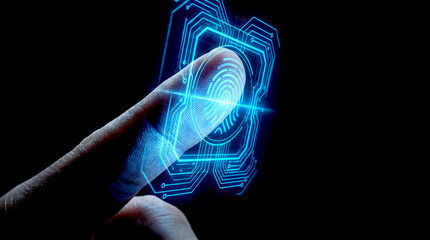 High-Security Biometric Access: Cinematic Close-Up of Finger Scanning Futuristic Digital Identity Interface on Dark Background