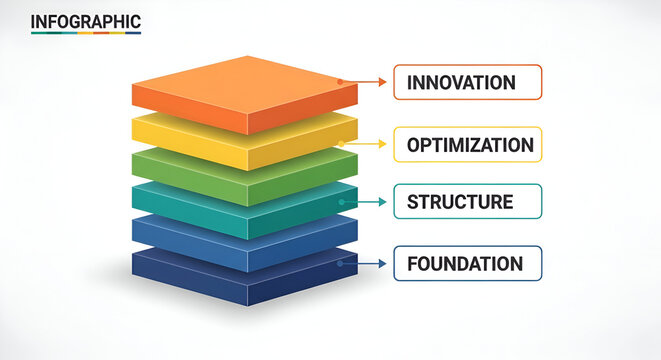 Visual representation of business growth and development with stacked layers showing innovation optimization structure and foundation concepts in a clean infographic style