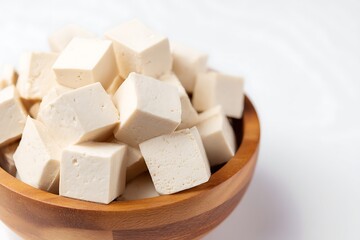 Fototapeta premium Fresh Organic Tofu Cubes Served in a Natural Wooden Bowl High Protein Vegan Meat Substitute for Healthy Plant Based Cooking and Asian Cuisine Recipes