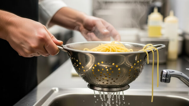 Chef hand letting pasta drain fully in colander over sink, culinary precision and kitchen patience in cooking preparation