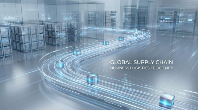 A high tech warehouse interior with digital light trails and floating data screens representing global supply chain and business logistics efficiency