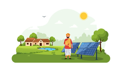 An Indian farmer in traditional clothing stands beside solar panels in a green field with trees and houses under a sunny sky. © Asap